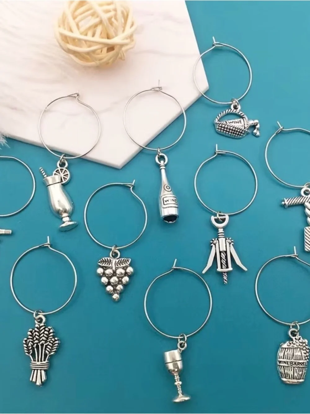 🆕 Set of 10 Wine Glass Markers Silver Wine Charm Hoop Set - 12pcs